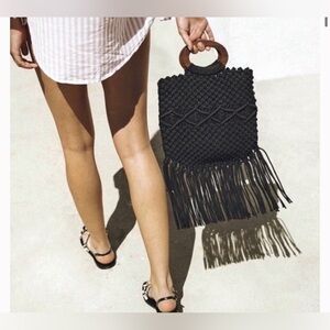 NWOT Danielle Nicole Macrame Crossbody Fringe Wood Handle Bag in Black